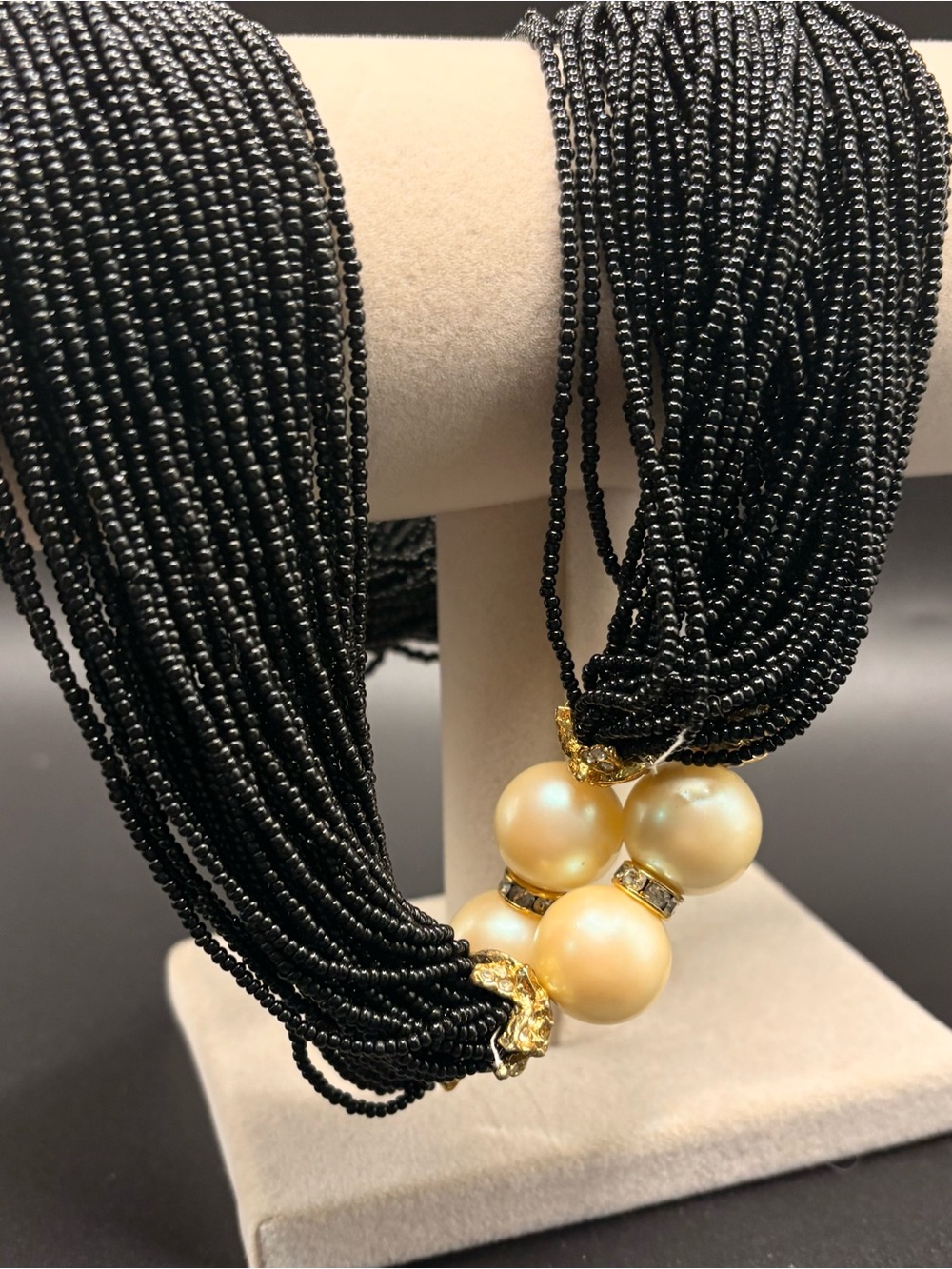 Vintage Black Seed Bead Multi Strand Statement Necklace Faux Pearl Rhinestone